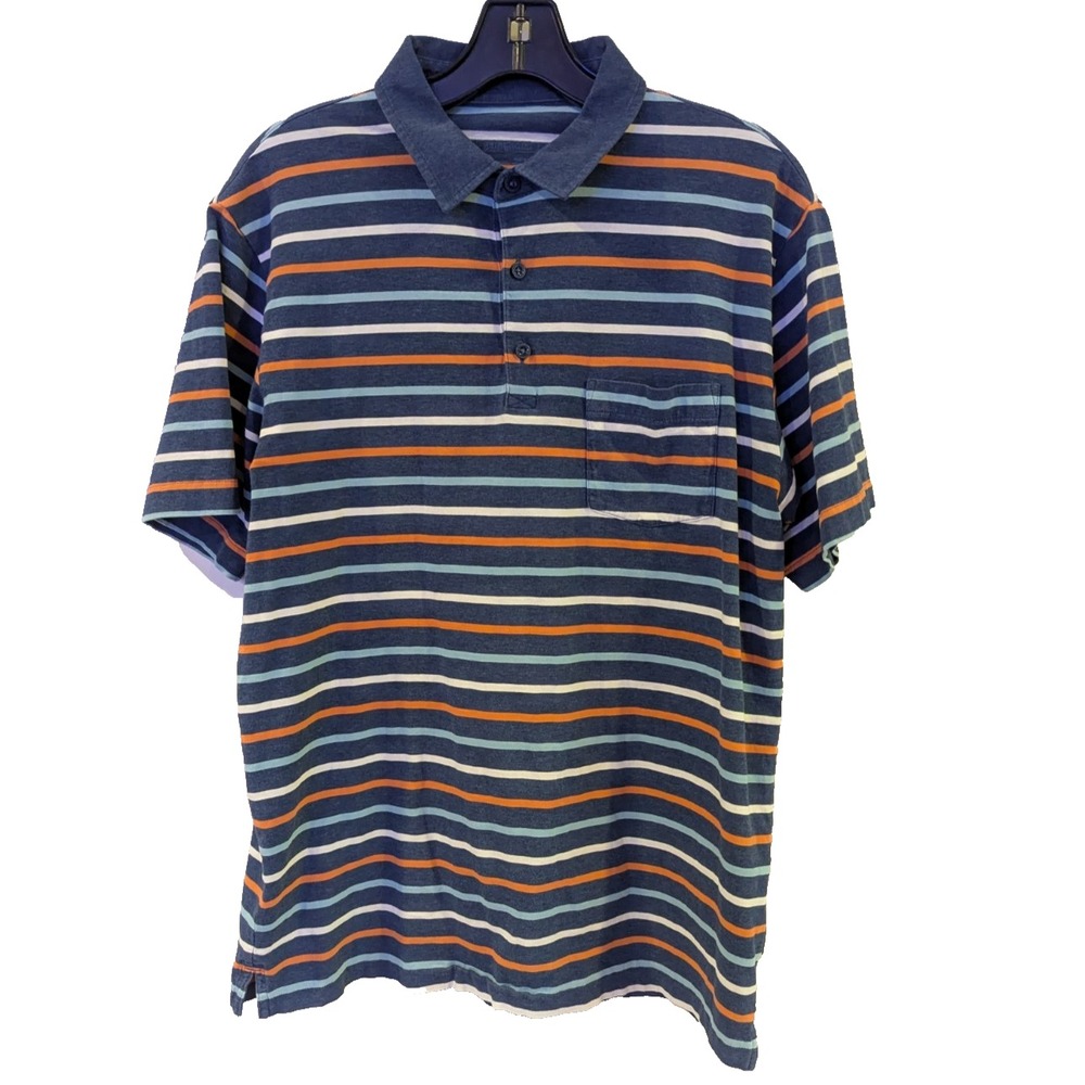 Patagonia Mens Medium Blue Striped Short Sleeve Organic Cotton‎ Polo Shirt Golf